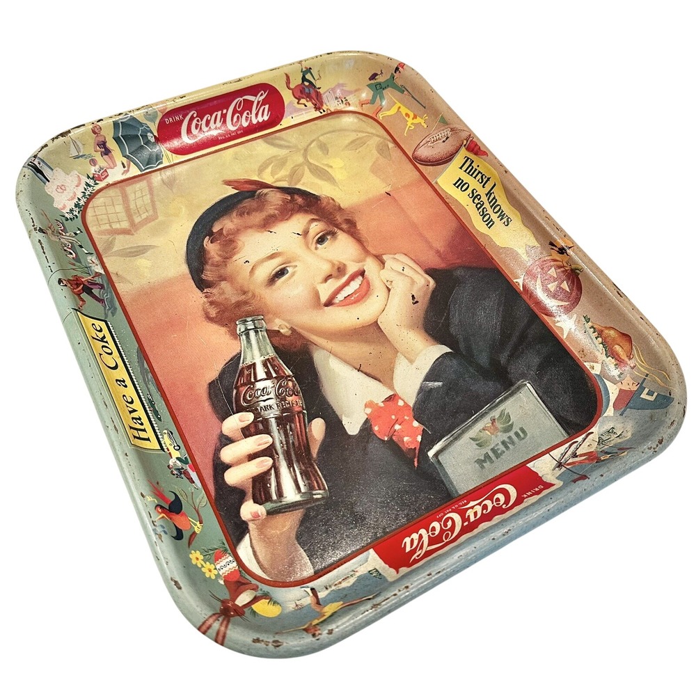 Vintage 1953 Coca Cola Menu Girl Serving Tray Thirst Knows No Season Have A Coke